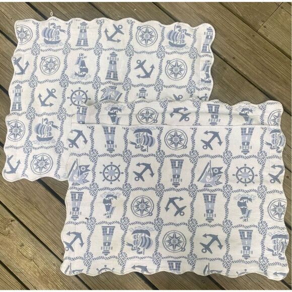 Set of 2 Nautical Pillow Shams Blue White Lighthouse Anchor Compass Coastal 22”x - Picture 4 of 5